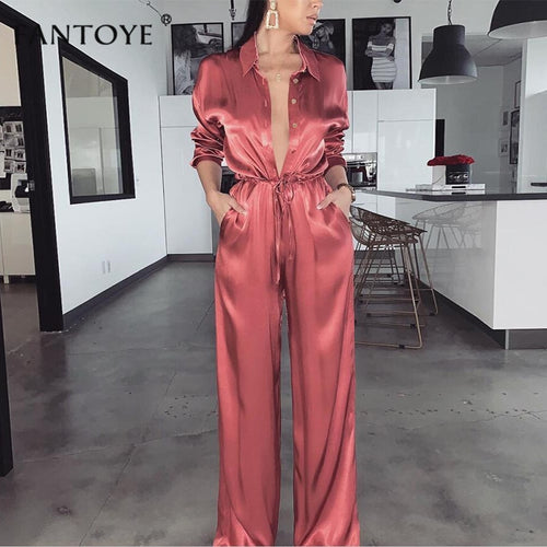 Fantoye Elegant Loose Satin Bodycon Bandage Jumpsuit Women 2020 Spring Sexy Solid Lapel Deep V Neck Playsuits Ladies Streetwear