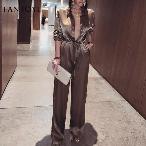 Fantoye Elegant Loose Satin Bodycon Bandage Jumpsuit Women 2020 Spring Sexy Solid Lapel Deep V Neck Playsuits Ladies Streetwear