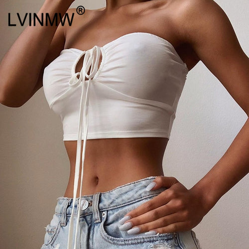 LVINMW Sexy Solid Lace Up Bow Halter Ruched Crop Top Fashion Sleeveless Backless Tube Tops Female Streetwear Tops 2019 New Women