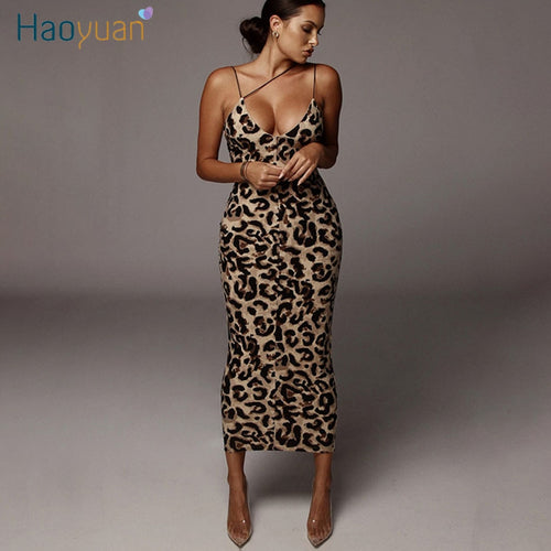 HAOYUAN Sexy Leopard Snake Print Spaghetti Strap Bodycon Midi Dress Women 2020 Summer Fashion Vestidos Night Party Club Dresses