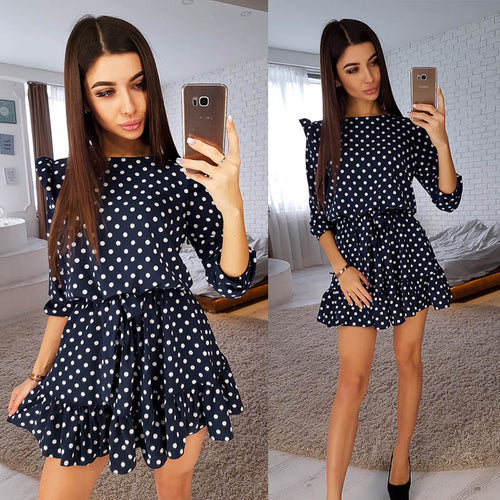 Sweet Cute Ruffle Trim Dot Print Dress Women Fashion Sashes 3/4 Sleeves Round Neck Casual Summer Dress Girls A Line Mini Dresses