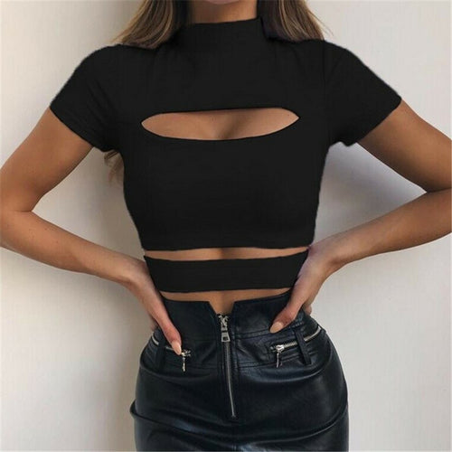 Fashion Female Casual Sexy Chest Hollow Out Crop Top Solid Sexy Women Slim Tank Tops Tee Shirt