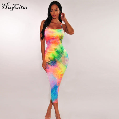 Hugcitar tie dye slip backless sexy 2019 summer autumn women fashion high waist slim party elegant bodycon midi dress