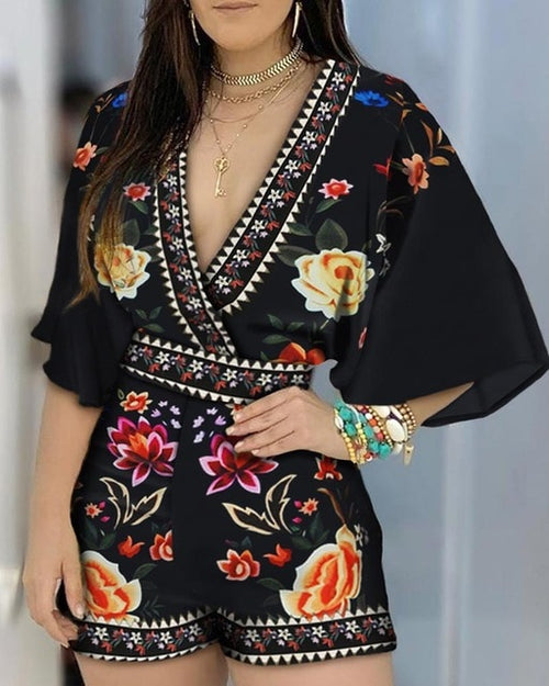 Deep V Neck Floral Half Sleeve Romper Women Playsuits Summer Casual One Piece Overalls