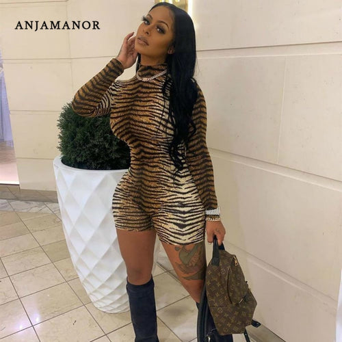 ANJAMANOR Cheetah Print Sexy Rompers Playsuit Fall Clothes for Women Clubwear High Neck Long Sleeve Bodycon Jumpsuit D83-I62