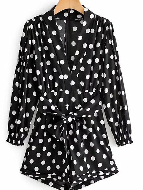 Chic Women Polka Dot Print Fashion Za Black Playsuits 2019 Summer Vintage Long Sleeve High Waist With Belt Short Jumpsuit Femme