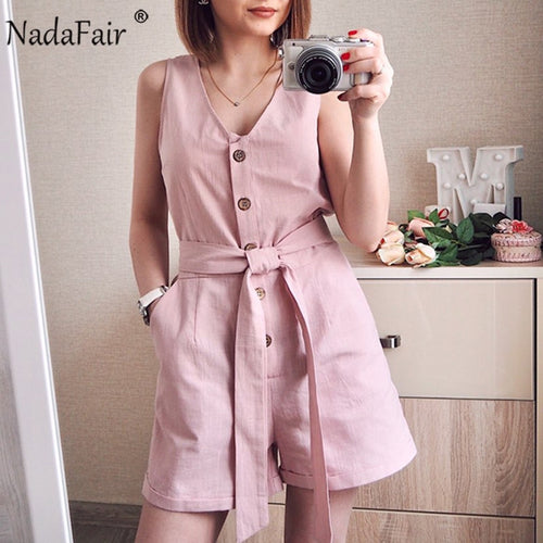 Nadafair Casual Playsuit Woman Off Shoulder Belt Tunic Pink Black Solid Summer Elegant Jumpsuit Short 2020 Overalls For Women