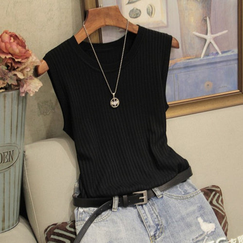 Knitted Vests Women Top O-neck Solid Tank Fashion Female Sleeveless Casual Thin Tops 2020 Summer Knit Woman Shirt Gilet Femme