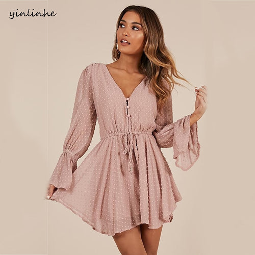 yinlinhe Sexy Transparent Playsuit Summer Bohemian Beach Overalls Pink Polka Dot Short Jumpsuit Women Rompers Long Sleeve    768