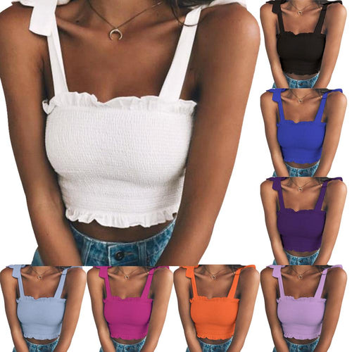 Casual Women Sexy Sleeveless Slim Ruffled Bandage Vest Solid Color Tank Crop Top Fashion Crop Sexy Women Top Summer Vest