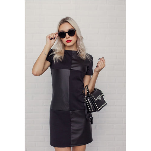 Women Vintage Leather Patchwork Elegant Office Dress Long Sleeve O neck Solid Casual Mini Dress 2020 Autumn New Fashion Dress