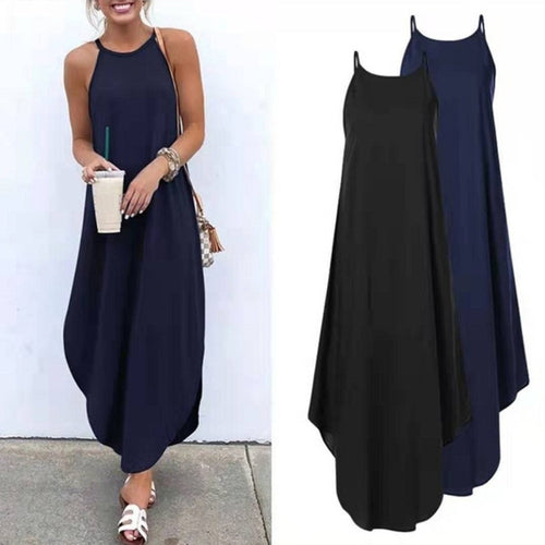 Women Dress Summer 2020 Casual Sleeveless Retro Halter Solid Beach Long Dress Round Neck Sling Fashion Beach Clothes Plus Size