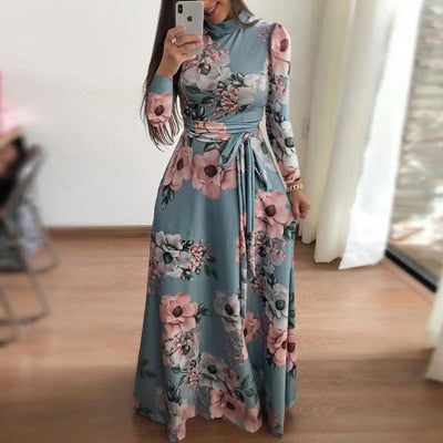 Plus Size Spring Autumn Womne's Dress Bohomia Flower Print Maixi Dresses Fashion Belt Tunic Boho Eveing Party Midi Dress Vestido