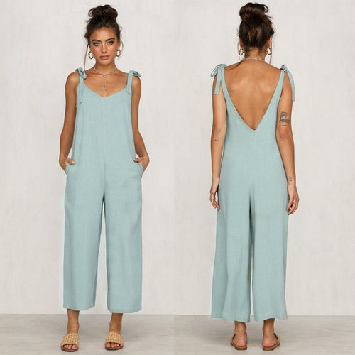 Rompers 2019 Summer new Women Casual Loose Linen Cotton Jumpsuit Sleeveless Backless Playsuit Trousers Overalls