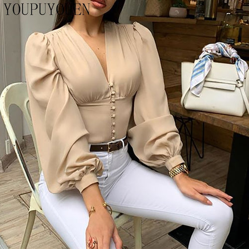 Ladies Elegant Blouse Lantern Long Sleeve Tops 2020 Summer V Neck Crop Top Fashion Shirts Women Button Down Blouses New Clothing