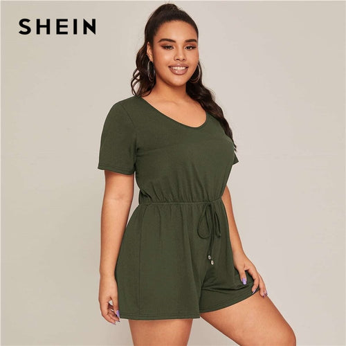 SHEIN Plus Size Tie Waist Tee Romper Womens Crop Jumpsuit 2020 Summer V neck Short Sleeve Solid Casual Playsuits