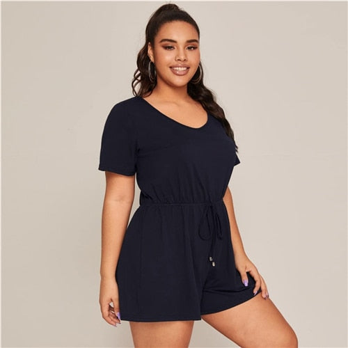 SHEIN Plus Size Tie Waist Tee Romper Womens Crop Jumpsuit 2020 Summer V neck Short Sleeve Solid Casual Playsuits