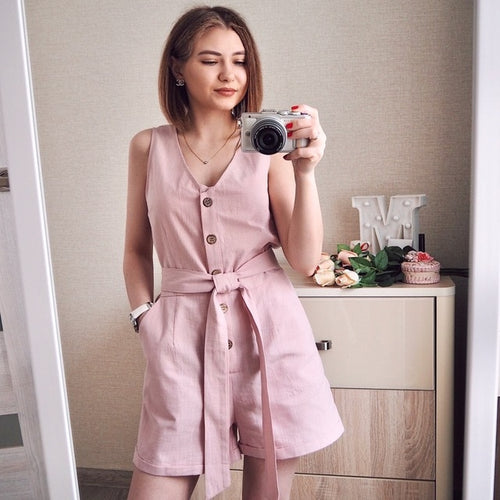 Nadafair Casual Playsuit Woman Off Shoulder Belt Tunic Pink Black Solid Summer Elegant Jumpsuit Short 2020 Overalls For Women