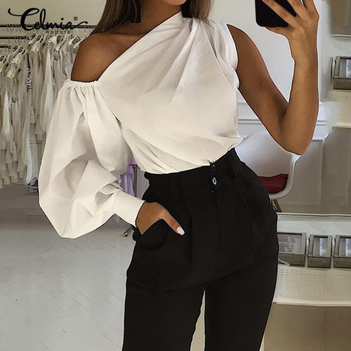 2020 Celmia Women Fashion Long Sleeve Shirts Plus Size Solid Cold Shoulder Blouses Casual Loose Tops Ladies Elegant Work Blusas