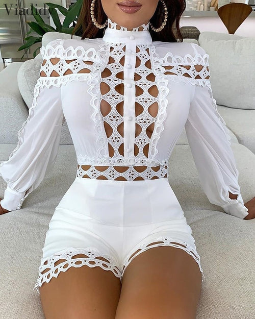 Lace Patchwork Long Sleeve Hollow Out Playsuits White Black Women Regular Rompers