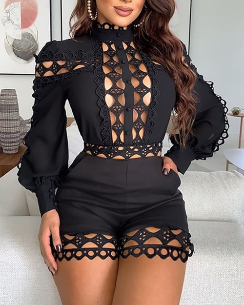 Lace Patchwork Long Sleeve Hollow Out Playsuits White Black Women Regular Rompers