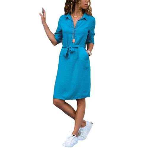 Fashion Turn-down Collar Party Autumn Shirt Dress Women Solid Three Quarter Sleeve Summer Dress Plus Size Casual Vestidos Robe