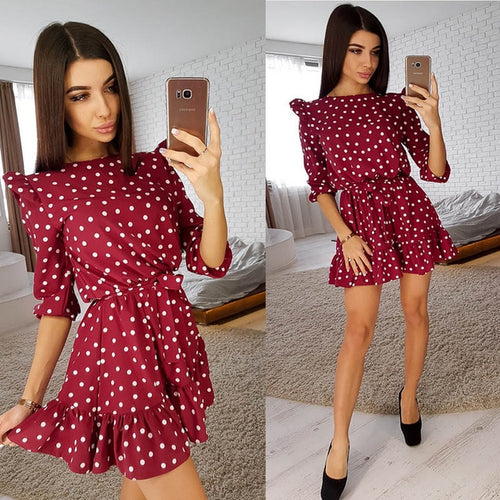 Sweet Cute Ruffle Trim Dot Print Dress Women Fashion Sashes 3/4 Sleeves Round Neck Casual Summer Dress Girls A Line Mini Dresses